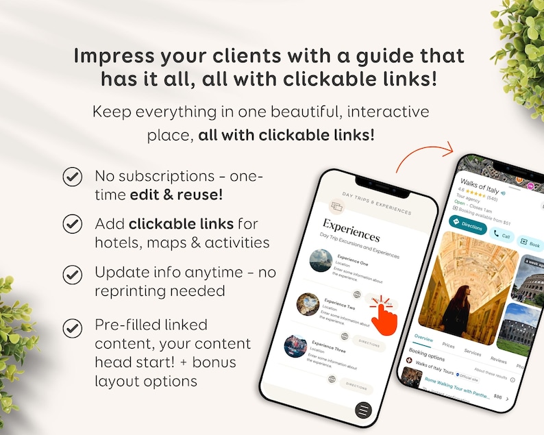 May include: Two smartphones showcasing a travel guide interface with clickable links. The screens display interactive content for hotels, maps, and activities. The guide offers a one-time edit and reuse option, with pre-filled content and bonus layout options.