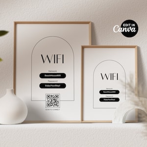 Vacation Rental Wifi Password Qr Code Sign, Digital Airbnb Editable Template, Printable, Vrbo, Guest Room Wifi Sign, Download, Canva EG2