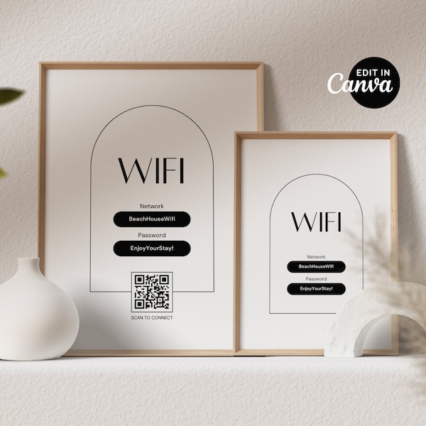 Vacation Rental Wifi Password Qr Code Sign, Digital Airbnb Editable Template, Printable, Vrbo, Guest Room Wifi Sign, Download, Canva EG02