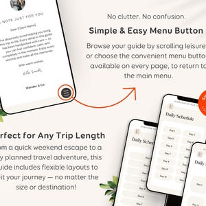 May include: Smartphones displaying a digital travel guide with daily schedules and menu options. Text includes "Simple & Easy Menu Button" and "Perfect for Any Trip Length". The guide is designed for short or long trips, with flexible layouts.