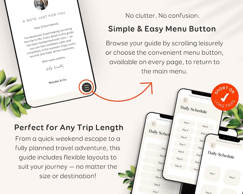May include: Smartphones displaying a digital travel guide with daily schedules and menu options. Text includes "Simple & Easy Menu Button" and "Perfect for Any Trip Length". The guide is designed for short or long trips, with flexible layouts.