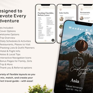 May include: A smartphone screen displaying a digital travel guide with a mountain scene and the text "Wander & Co." The guide offers packing checklists, daily outfit ideas, and restaurant suggestions. The text "Designed to Elevate Every Adventure" is also visible.