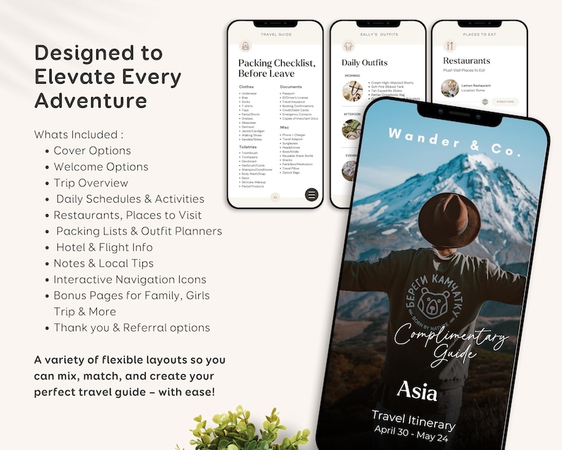 May include: A smartphone screen displaying a digital travel guide with a mountain scene and the text "Wander & Co." The guide offers packing checklists, daily outfit ideas, and restaurant suggestions. The text "Designed to Elevate Every Adventure" is also visible.
