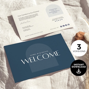 Plantilla de tarjeta de bienvenida de Airbnb, tarjeta de bienvenida de Vrbo, tarjeta postal de bienvenida de tarjeta de huésped, tarjeta de revisión de anfitrión, alquiler a corto plazo, Canva, azul moderno EG2