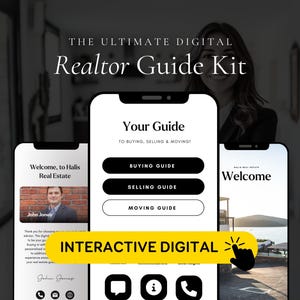 Pode incluir: Kit de guia imobiliário digital exibido em três smartphones. As telas mostram uma mensagem de boas-vindas, guias de compra, venda e mudança. O texto "Interactive Digital" está destacado em amarelo. Uma mulher está ao fundo.