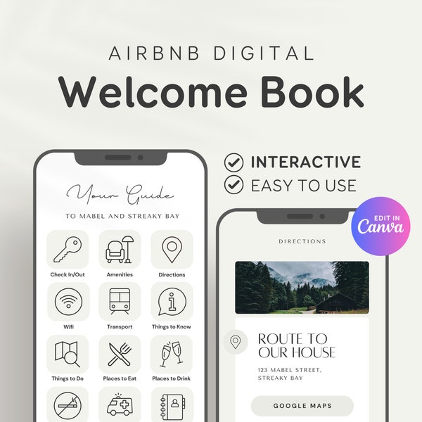 Carnet de bienvenue Airbnb Canva Airbnb, modèle de carnet de bienvenue numérique moderne pour chalet, chalet, montagnes, manuel de Lake House, location de vacances EG02