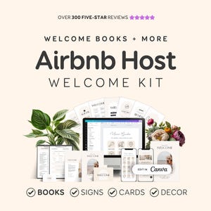 May include: An Airbnb Host Welcome Kit featuring digital templates for books, signs, cards, and decor. The display includes a computer monitor, two smartphones, and printed documents with beige and white designs, all editable in Canva.