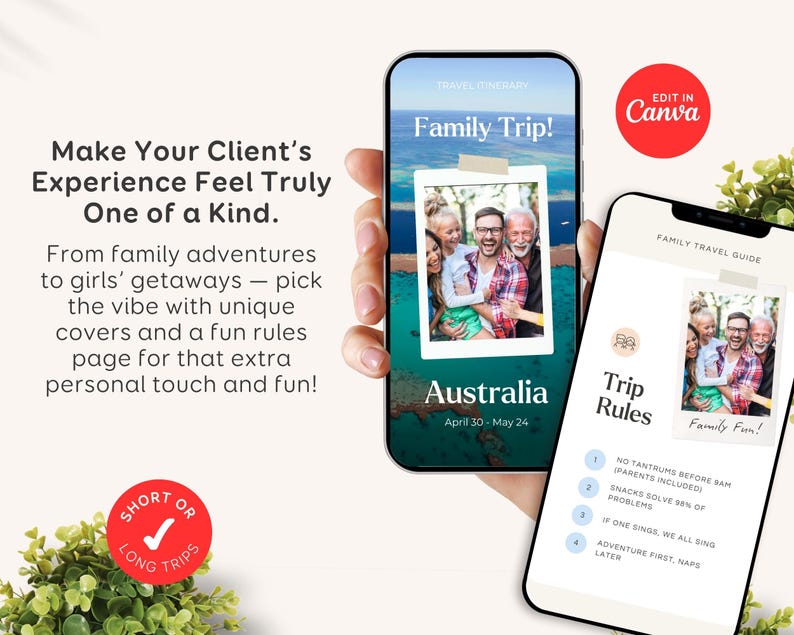 May include: Two smartphones displaying a travel itinerary template. One shows "Family Trip!" to Australia, with a photo. The other displays "Trip Rules." Text includes "Make Your Client's Experience Feel Truly One of a Kind."