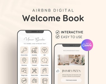 Digitales Airbnb-Willkommensbuch, Airbnb-Vorlage, Canva, moderner Willkommensleitfaden für Cottage, Hütte, Strandhaushandbuch, Ferienwohnung, Mobiles PDF