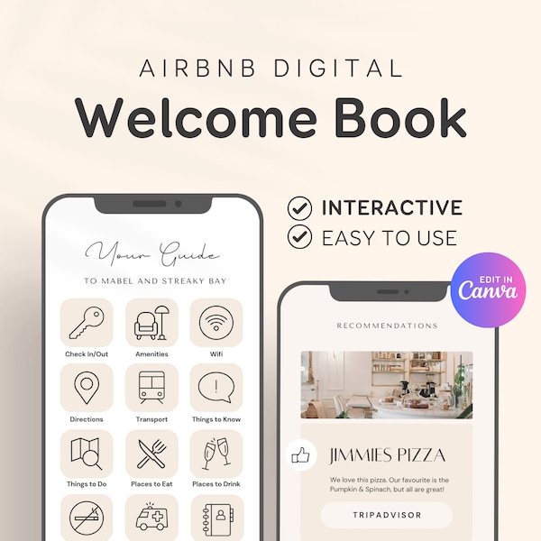 Modern Digital Welcome Book Airbnb Canva, Mobile Digital Welcome Guide Template for Cottage, Cabin, Beach House Manual, Vacation Rental EG02