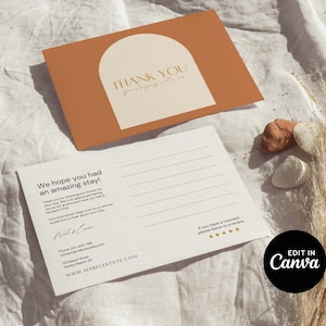 Modelo de cartão de agradecimento do anfitrião do Airbnb, cartão postal de agradecimento do hóspede Vrbo, cartão de avaliação do anfitrião do Airbnb, aluguel de curto prazo, código QR, Boho Modern EG2