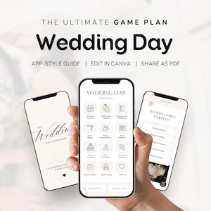 May include: Three smartphones display a digital wedding day game plan template. The screens feature minimalist icons, schedules, and text including "Wedding Day Game Plan" and "Wedding Party Schedules" in a clean, modern, app-style interface design.
