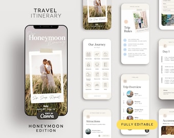 Honeymoon Travel Itinerary Template | Mobile Editable Travel Planner, Trip Itinerary Digital Travel Guide template, Traveling Canva Download