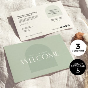 Airbnb Welcome Card Template, Vrbo Welcome Card, Guest Welcome Note Post Card, Host Review Card, Short Term Rental, Canva, Modern Sage EG02