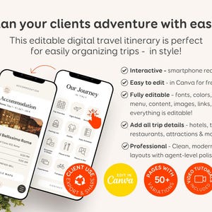 May include: Two smartphones showing a digital travel itinerary. The itinerary includes accommodation details, a map, and a list of activities. The text reads "Plan your clients adventure with ease!" and "Our Journey in Italy."