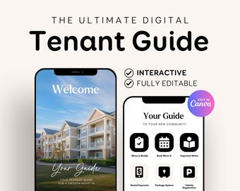 May include: A digital tenant guide template for a new apartment building. The guide is interactive and fully editable. The template includes sections for move-in ready, book move-in, important notes, rental payments, package system, and vehicle registration.