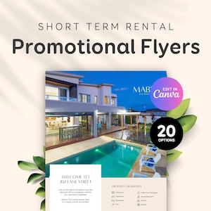 Ulotka marketingowa Airbnb Ulotka marketingowa wynajmu wakacyjnego Szablon Canva Broszura domu wakacyjnego, ulotka promocyjna wynajmu krótkoterminowego EG2