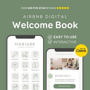 May include: Digital Airbnb Welcome Book design on a green background. The design features two smartphone screens displaying the welcome book's interface. Text includes "Easy to Use" and "Interactive". The design also includes the text "Edit in Canva".