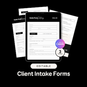 Może przedstawiać: Cyfrowy formularz przyjęcia klienta wyświetlany na tablecie, z dodatkowymi formularzami papierowymi w tle. Formularze są czarno-białe, z tekstem "Intake Form Selling" i "Client Intake Forms". Obraz zawiera również tekst "Edit in Canva" i "3 Pages".