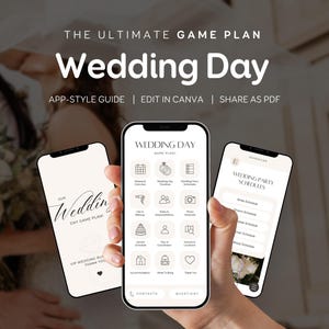 May include: A digital wedding day game plan template displayed on three smartphone screens. The interface features icons for wedding schedules, vendor lists, and contact information, with text including "The Ultimate Game Plan" and "Wedding Day".