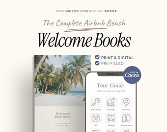 May include: A digital and print welcome book template for Airbnb hosts featuring the text The Complete Airbnb Beach Welcome Books. The design includes a beach scene with palm trees and a smartphone interface showing icons for check-in, amenities, and directions.