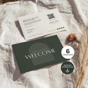 Può includere: Due biglietti di benvenuto, uno con il testo "Welcome to your home away from home!" e un codice QR. L'altro biglietto recita "MABEL B+B ESTATE WELCOME". Un pulsante recita "6 VERSIONS" e "INSTANT DOWNLOAD".