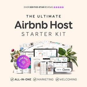 May include: The Ultimate Airbnb Host Starter Kit features over 500 templates for marketing and welcoming guests. The collection includes digital documents, a laptop displaying financial charts, two smartphones, and a purple badge stating Over 500 Templates.
