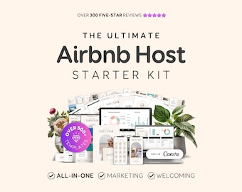 May include: The Ultimate Airbnb Host Starter Kit features over 500 templates for marketing and welcoming guests. The collection includes digital documents, a laptop displaying financial charts, two smartphones, and a purple badge stating Over 500 Templates.
