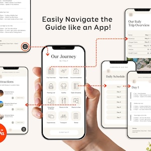 May include: A smartphone screen showing a travel app interface with the text "Our Journey IN ITALY." The app includes icons for trip planning, daily schedules, and attractions. The phrase "Easily Navigate the Guide like an App!" is displayed.