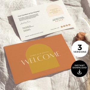 Airbnb-welkomstkaartsjabloon, VRBO-welkomstkaart, gastenkaart welkomstkaart, recensiekaart verhuurder, korte termijn verhuur, Canva, modern boho EG2