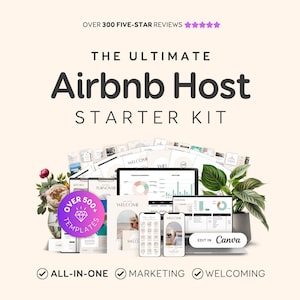Könnte beinhalten: Das ultimative Airbnb-Gastgeber-Starterkit enthält über 500 Vorlagen für Marketing und Gästebegrüßung. Die Sammlung umfasst digitale Dokumente, einen Laptop mit Finanzdiagrammen, zwei Smartphones und ein violettes Abzeichen mit der Aufschrift Over 500 Templates.