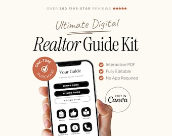 May include: A digital realtor guide kit displayed on a smartphone screen featuring text that reads Ultimate Digital Realtor Guide Kit, Your Guide, Buying Guide, Selling Guide, Moving Guide, and Edit in Canva with icons for resources and contact.
