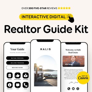 Digital Business Card Real Estate Agent Realtor Welcome New Client Guide Templates Canva, Textable Marketing Bundle Packet, Buyer Seller