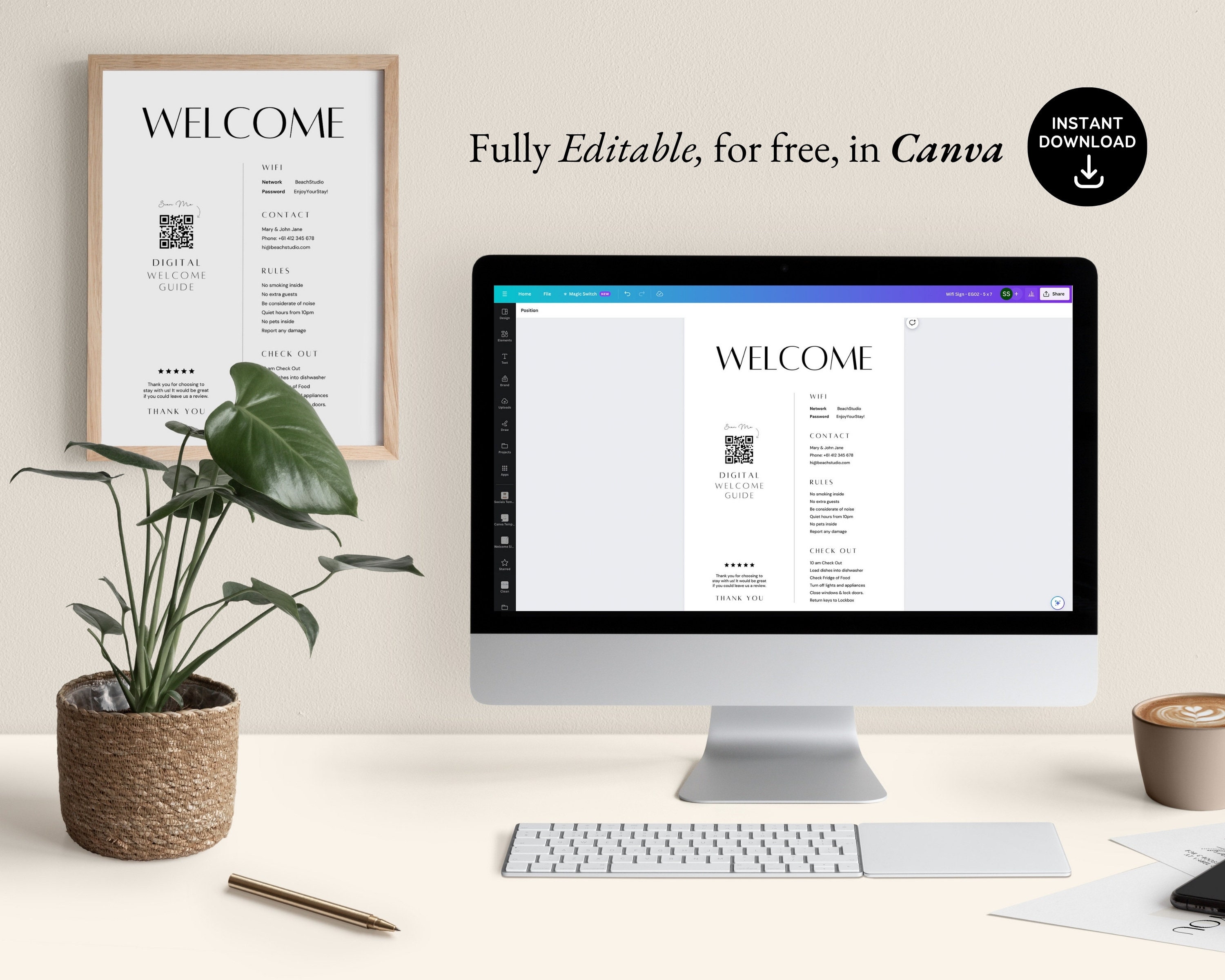 Welcome In Code Airbnb House Rules Wifi Welcome Sign - Editable QR Code and Guest Info ...