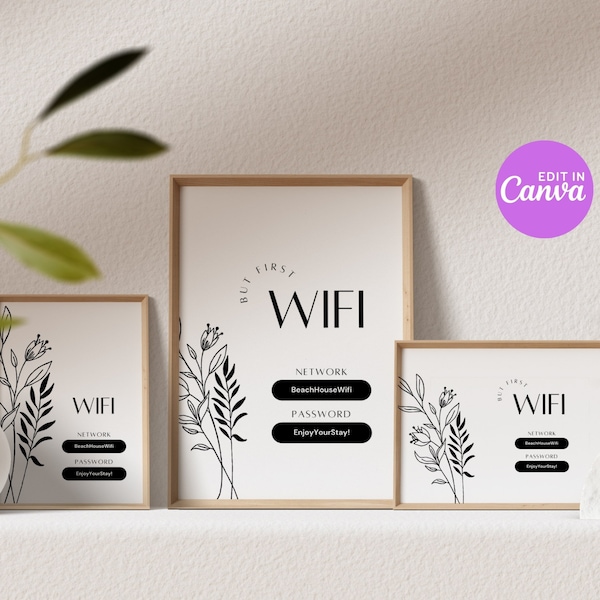 Vacation Rental Wifi Password Sign, Digital Airbnb Editable Template, Printable, Vrbo, Guest Room Wi-fi Sign, Download, Canva 4x6, 5x7, 4x4