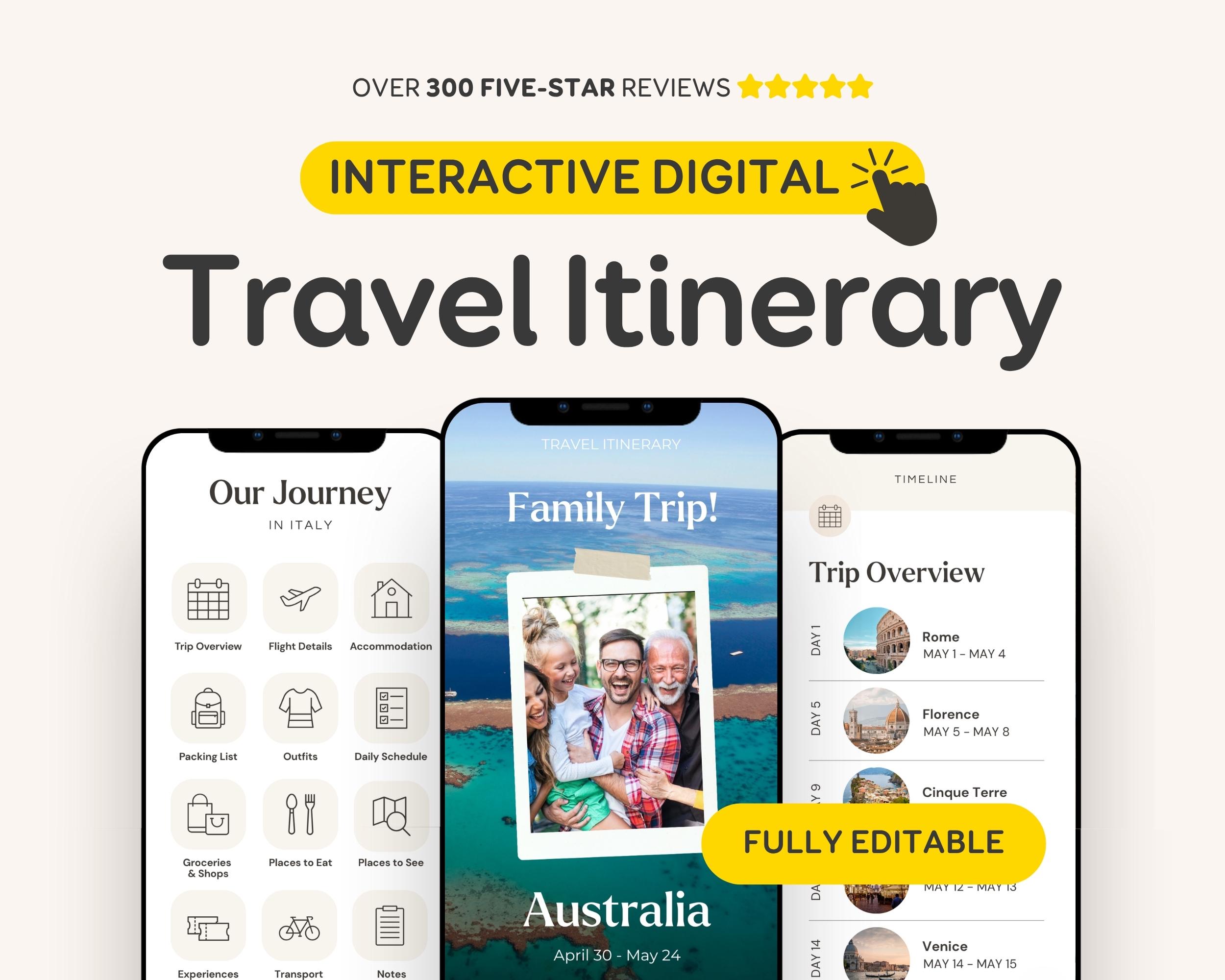 Family Trip Travel Itinerary Editable Template | Mobile Digital Group Travel Guide Vacation Schedule | Canva Travel Guide template Download
