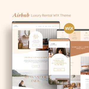 Op de afbeelding: Een digitale mockup van een website-ontwerp voor Airbnb-verhuur. Het ontwerp heeft een neutraal kleurenpalet met afbeeldingen van een huisje en een strand. Tekst bevat "Airbnb Luxury Rental WIX Theme", "Relax, Savour, Enjoy" en "Modern, Self-Contained Accommodation in the Hills."