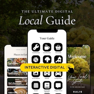 May include: Three smartphone screens displaying a digital guide interface. The central screen features a grid of black icons labelled Local Services, Local Business, Groceries, Art & Galleries, Schools, Transportation, Events, Community Services, and Things to Know. A yellow banner reads INTERACTIVE DIGITAL with a cursor icon.