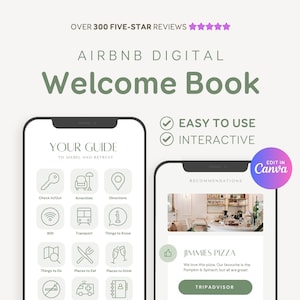 Könnte beinhalten: Digitales Airbnb-Willkommensbuch auf zwei Smartphones. Der Text enthält "Über 300 Fünf-Sterne-Bewertungen", "Einfach zu bedienen" und "Interaktiv". Ein Bildschirm zeigt einen Reiseführer mit Symbolen für Annehmlichkeiten und Wegbeschreibungen.