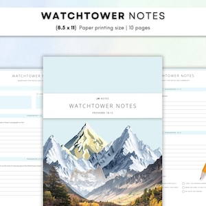 May include: A set of Watchtower Notes worksheets with a mountain landscape cover featuring the text Watchtower Notes and Proverbs 18:15. The pages are 8.5 x 11 inches, include 10 pages, and are displayed with a yellow pencil on the side.