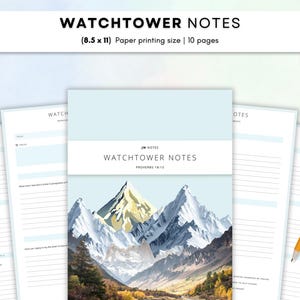 May include: A set of Watchtower Notes with 10 pages measuring 8.5 x 11 inches. The cover features a mountain landscape with snow-capped peaks and the text Watchtower Notes Proverbs 18:15. The interior pages contain lined sections for notes.