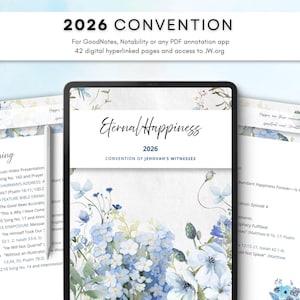 Peut inclure: Un agenda numérique pour le congrès 2026 des Témoins de Jéhovah intitulé Eternal Happiness. L'interface affiche 42 pages hyperliées avec des illustrations florales bleues à l'aquarelle, des programmes et un stylet pour les applications PDF.