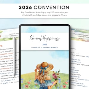 Könnte beinhalten: Ein digitaler Planer für den Kongress 2026 der Zeugen Jehovas mit dem Titel Eternal Happiness. Der Tablet-Bildschirm zeigt eine Aquarellillustration einer Person mit Strohhut, die Blumen auf einem Feld hält, neben Seiten mit Zeitplänen.