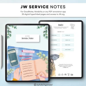 May include: Digital JW Service Notes planner for PDF annotation apps featuring 30 hyperlinked pages. The cover displays a light blue background with a pink notebook, pens, and a phone. The index page includes ministry tools and an illustration.