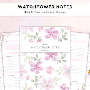 Könnte beinhalten: Ein Set Watchtower-Notizen mit einem Blumenmuster aus rosa Blüten und grünen Blättern. Die Seiten enthalten Linien zum Schreiben, den Text Watchtower Notes und Sprüche 18,15. Das Papierformat beträgt 21,59 x 27,94 cm, insgesamt 10 Seiten.