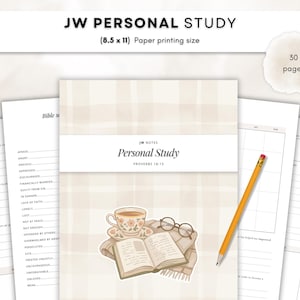 May include: A JW Personal Study printable planner set with 30 pages in 21.59 x 27.94 cm size. The cover features a beige plaid pattern, a floral teacup, an open book, and glasses. The pages include structured sections for notes and Bible study.