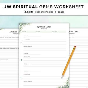 May include: A three-page JW Spiritual Gems worksheet set with 8.5 x 11 inch paper printing size. The white pages feature black text, lined writing sections, and green leaf illustrations at the corners. A yellow pencil rests on the center page.