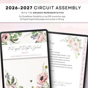 May include: A digital planner for the 2026-2027 Circuit Assembly with the Branch Representative. The interface displays 20 hyperlinked pages with floral illustrations, including pink poppies and green foliage, and text reading Find Exquisite Delight in Jehovah.