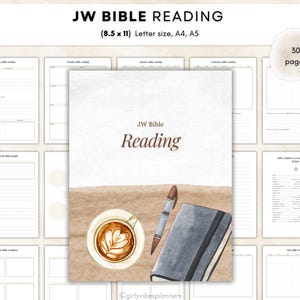 May include: A planner with the text "JW Bible Reading" and the dimensions (8.5 x 11) Letter size, A4, A5. The cover features a watercolor design with a coffee cup, pen, and notebook. The planner has 30 pages.