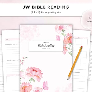 Può includere: Un set di pagine stampabili per la lettura della Bibbia JW con un design floreale ad acquerello con fiori rosa e farfalle. La copertina include il testo JW NOTES Bible Reading (PSALM 1:1-3). Il set include 30 pagine di 21,6 x 27,9 cm.